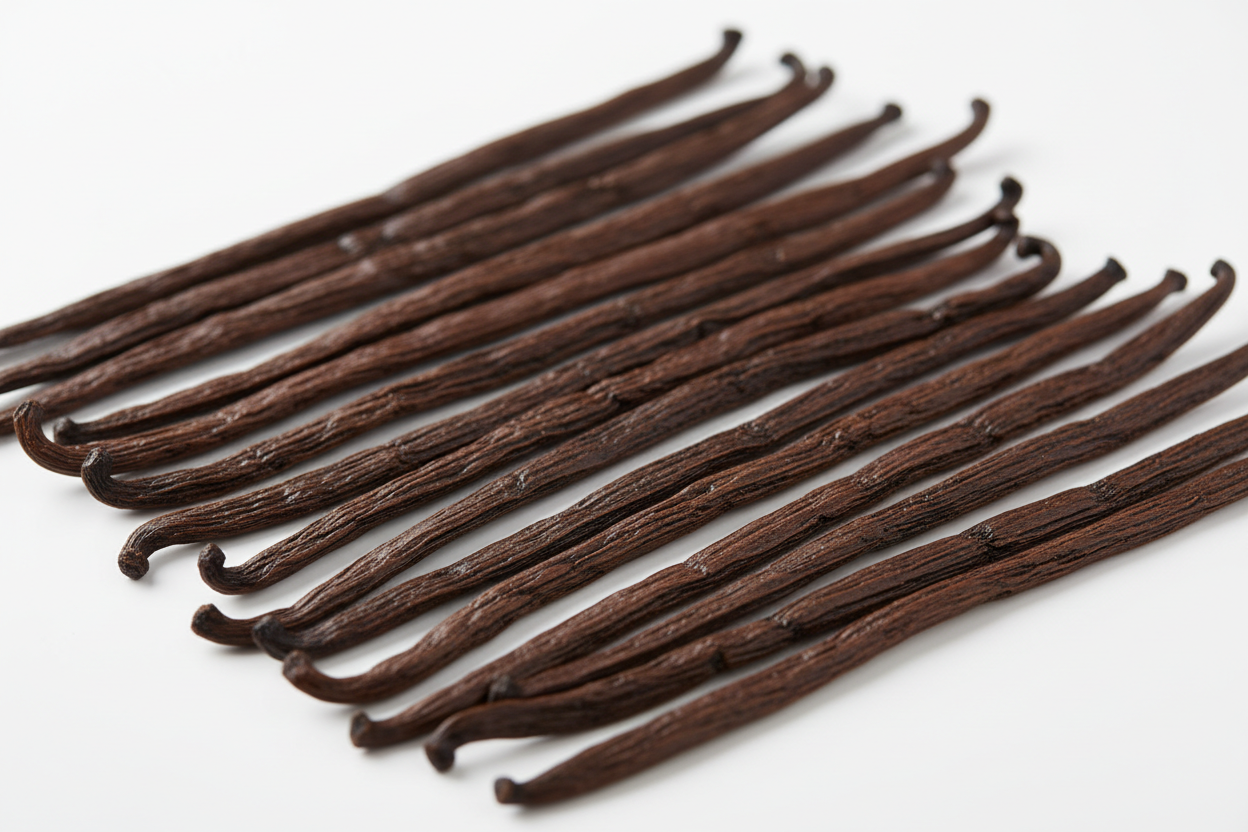 Vanilkové lusky na zeleném pozadí