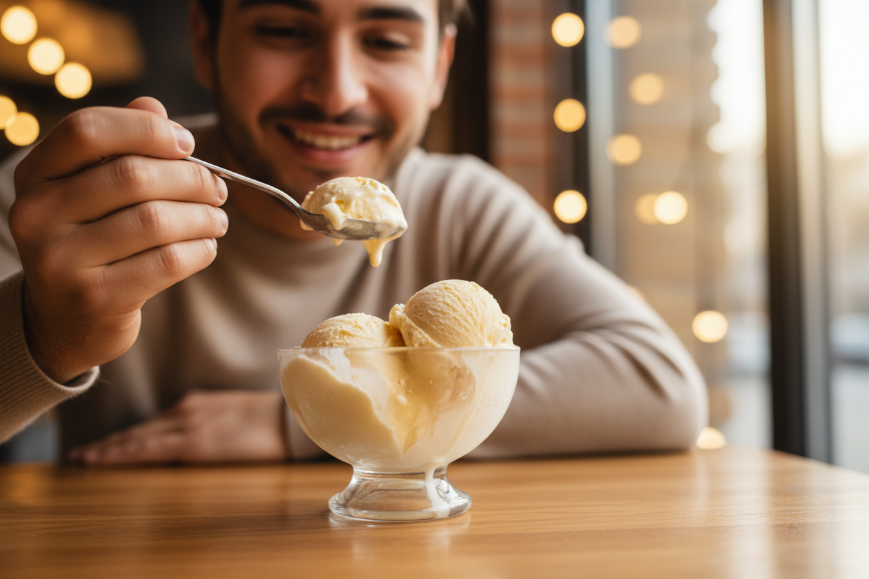 mladý podnikatel sedí u stolu a  užívá si chuť kopeček vanilkové zmrzliny , teplé tóny, záběr z blízka, jako na reklamu na zmrzlinu
