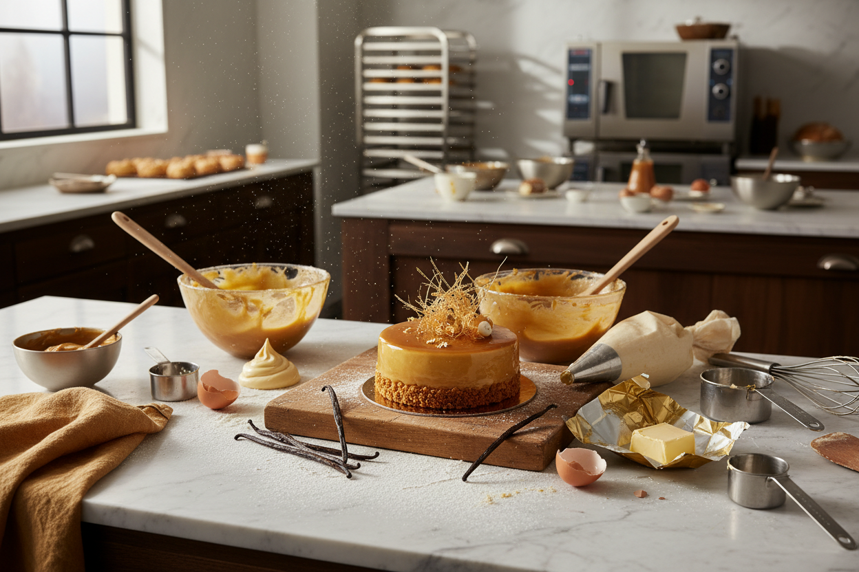 sladký řemeslný dezert obklopený superkvalitními surovinami včetně vanilky, teplé tóny ve výrobně cukrárny jako by s tím právě někdo pracoval